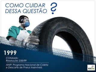 COMO CUIDAR
DESSA QUESTÃO                       ?

1999
CONAMA:
Resolução 258/99
ANIP: Programa Nacional de Coleta
e Descarte de Pneus Inservíveis
 