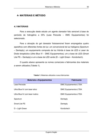 Materiais e Métodos
Eugenio Kegler
59
4- MATERIAIS E MÉTODO
4.1 MATERIAIS
Para a execução deste estudo um agente clareador foto sensível à base de
peróxido de hidrogênio a 35% (Lase Peroxide – DMC Equipamentos) foi
selecionado.
Para a ativação do gel clareador fotossensível foram empregados quatro
aparelhos com diferentes fontes de luz: um convencional de luz halógena (Spectrum
– Dentsply); um equipamento composto de luz híbrida à base de LED e Laser de
Diodo terapêutico (Ultra Blue IV – DMC Equipamentos); um a base de LED (Smart
Lite PS – Dentsply) e um a base de LED verde (D – Light Green - Kondortech).
O quadro abaixo apresenta os nomes comerciais e fabricantes dos materiais
a serem utilizados (Tabela 1).
Tabela 1: Materiais utilizados e seus fabricantes
Materiais e Equipamentos Fabricante
Lase Peroxide DMC Equipamentos LTDA
Ultra Blue IV com laser ativo DMC Equipamentos LTDA
Ultra Blue IV com laser inativo DMC Equipamentos LTDA
Spectrum Dentsply
Smart Lite PS Dentsply
D – Light Green Kondortech
 