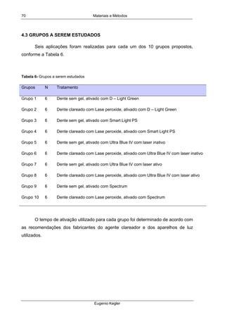 Materiais e Métodos
Eugenio Kegler
70
4.3 GRUPOS A SEREM ESTUDADOS
Seis aplicações foram realizadas para cada um dos 10 grupos propostos,
conforme a Tabela 6.
Tabela 6- Grupos a serem estudados
Grupos N Tratamento
Grupo 1 6 Dente sem gel, ativado com D – Light Green
Grupo 2 6 Dente clareado com Lase peroxide, ativado com D – Light Green
Grupo 3 6 Dente sem gel, ativado com Smart Light PS
Grupo 4 6 Dente clareado com Lase peroxide, ativado com Smart Light PS
Grupo 5 6 Dente sem gel, ativado com Ultra Blue IV com laser inativo
Grupo 6 6 Dente clareado com Lase peroxide, ativado com Ultra Blue IV com laser inativo
Grupo 7 6 Dente sem gel, ativado com Ultra Blue IV com laser ativo
Grupo 8 6 Dente clareado com Lase peroxide, ativado com Ultra Blue IV com laser ativo
Grupo 9 6 Dente sem gel, ativado com Spectrum
Grupo 10 6 Dente clareado com Lase peroxide, ativado com Spectrum
O tempo de ativação utilizado para cada grupo foi determinado de acordo com
as recomendações dos fabricantes do agente clareador e dos aparelhos de luz
utilizados.
 