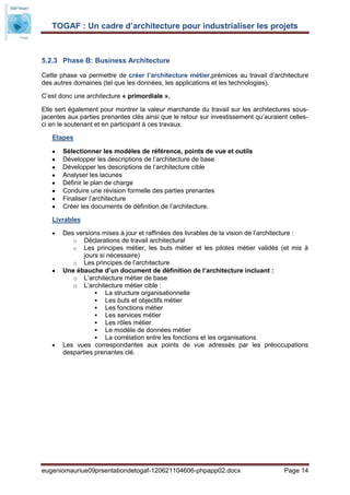 TOGAF : Un cadre d’architecture pour industrialiser les projets



5.2.3 Phase B: Business Architecture

Cette phase va permettre de créer l’architecture métier,prémices au travail d’architecture
des autres domaines (tel que les données, les applications et les technologies).

C’est donc une architecture « primordiale ».

Elle sert également pour montrer la valeur marchande du travail sur les architectures sous-
jacentes aux parties prenantes clés ainsi que le retour sur investissement qu’auraient celles-
ci en le soutenant et en participant à ces travaux.

   Etapes

       Sélectionner les modèles de référence, points de vue et outils
       Développer les descriptions de l’architecture de base
       Développer les descriptions de l’architecture cible
       Analyser les lacunes
       Définir le plan de charge
       Conduire une révision formelle des parties prenantes
       Finaliser l’architecture
       Créer les documents de définition de l’architecture.

   Livrables

       Des versions mises à jour et raffinées des livrables de la vision de l’architecture :
          o Déclarations de travail architectural
          o Les principes métier, les buts métier et les pilotes métier validés (et mis à
              jours si nécessaire)
          o Les principes de l’architecture
       Une ébauche d’un document de définition de l’architecture incluant :
          o L’architecture métier de base
          o L’architecture métier cible :
                   La structure organisationnelle
                   Les buts et objectifs métier
                   Les fonctions métier
                   Les services métier
                   Les rôles métier
                   Le modèle de données métier
                   La corrélation entre les fonctions et les organisations
       Les vues correspondantes aux points de vue adressés par les préoccupations
       desparties prenantes clé.




eugeniomauriue09prsentationdetogaf-120621104606-phpapp02.docx                        Page 14
 