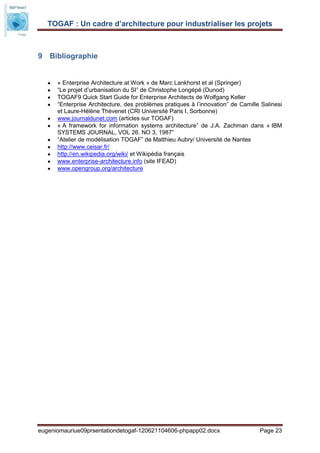 TOGAF : Un cadre d’architecture pour industrialiser les projets



9 Bibliographie


      « Enterprise Architecture at Work » de Marc Lankhorst et al (Springer)
      “Le projet d’urbanisation du SI” de Christophe Longépé (Dunod)
      TOGAF9 Quick Start Guide for Enterprise Architects de Wolfgang Keller
      “Enterprise Architecture, des problèmes pratiques à l’innovation” de Camille Salinesi
      et Laure-Hélène Thévenet (CRI Université Paris I, Sorbonne)
      www.journaldunet.com (articles sur TOGAF)
      « A framework for information systems architecture” de J.A. Zachman dans « IBM
      SYSTEMS JOURNAL, VOL 26. NO 3, 1987”
      “Atelier de modélisation TOGAF” de Matthieu Aubry/ Université de Nantes
      http://www.ceisar.fr/
      http://en.wikipedia.org/wiki/ et Wikipédia français
      www.enterprise-architecture.info (site IFEAD)
      www.opengroup.org/architecture




eugeniomauriue09prsentationdetogaf-120621104606-phpapp02.docx                     Page 23
 