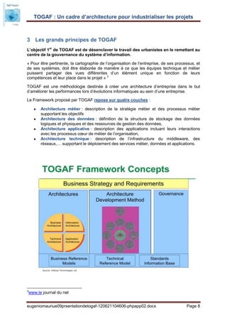 TOGAF : Un cadre d’architecture pour industrialiser les projets



3 Les grands principes de TOGAF
L’objectif 1er de TOGAF est de désenclaver le travail des urbanistes en le remettant au
centre de la gouvernance du système d’information.

« Pour être pertinente, la cartographie de l’organisation de l’entreprise, de ses processus, et
de ses systèmes, doit être élaborée de manière à ce que les équipes technique et métier
puissent partager des vues différentes d’un élément unique en fonction de leurs
compétences et leur place dans le projet » 3

TOGAF est une méthodologie destinée à créer une architecture d’entreprise dans le but
d’améliorer les performances lors d’évolutions informatiques au sein d’une entreprise.

Le Framework proposé par TOGAF repose sur quatre couches :

       Architecture métier : description de la stratégie métier et des processus métier
       supportant les objectifs
       Architecture des données : définition de la structure de stockage des données
       logiques et physiques et des ressources de gestion des données,
       Architecture applicative : description des applications incluant leurs interactions
       avec les processus cœur de métier de l’organisation,
       Architecture technique : description de l’infrastructure du middleware, des
       réseaux,… supportant le déploiement des services métier, données et applications.




3
www.le journal du net


eugeniomauriue09prsentationdetogaf-120621104606-phpapp02.docx                          Page 8
 