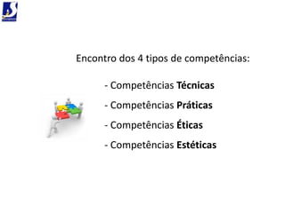 Encontro dos 4 tipos de competências:

      - Competências Técnicas
      - Competências Práticas
      - Competências Éticas
      - Competências Estéticas
 