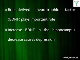 Ф Brain-derived neurotrophic factor
(BDNF) plays important role
Ф Increase BDNF in the hippocampus
decrease causes depression
PPRC/INDIA 23
 