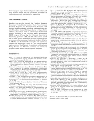 level to support major clades and generic relationships and
may provide insight into the taxonomic placement of
euglenoids currently unavailable for sequencing.
ACKNOWLEDGEMENTS
Funding was provided through the Presidents Research
Investment Funds, Faculty Incentive Team Funds, Summer
Scholars Program and Undergraduate Research and
Creative Endeavors Grant at Central Michigan University
(CMU) and the Central Michigan chapter of Sigma Xi. In
addition, the authors wish to acknowledge the financial
support provided by the National Science Foundation
PEET program (Partnership for Enhanced Expertise in
Taxonomy, grant no. DEB 4-21348). The authors would
like to thank the two anonymous reviewers for constructive
comments on the manuscript. Additional thanks to S. Juris,
A. Mueller and M. Steinhilb for insights and support; P.
Oshel in the Microscopy Facility at CMU for advising on
equipment use; Matt Bennett for assistance with cultures;
Larry Burditt and Marlene Cameron for paramylon
graphics; and E. Linton for phylogenetic diagrams.
REFERENCES
BOOY F.P., CHANZY H. & BOUDET A. 1981. An electron diffraction
study of paramylon storage granules from Euglena gracilis.
Journal of Microscopy 121: 133–140.
BROWN P.J.P., ZAKRYS´ B. & FARMER M. 2003. Plastid morphol-
ogy, Ultrastructure and development in Colacium and the
loricate euglenophytes (Euglenophyceae). Journal of Phycology
39: 115–121.
CIUGULEA I., NUDELMAN M.A., BROSNAN S. & TRIEMER R.E.
2008. Phylogeny of the euglenoid loricate genera Trachelomonas
and Strombomonas (Euglenophyta) inferred from Nuclear SSU
and LSU rDNA. Journal of Phycology 44: 406–418.
CLARKE A.E. & STONE B.A. 1960. Short communications:
structure of the paramylon from Euglena gracilis. Biochimica et
Biophysica Acta 44: 161–163.
CONFORTI V. 1998. Morphological changes of Euglenophyta in
response to organic enrichment. Hydrobiologia 369/370: 277–285.
DANGEARD P.A. 1901. Recherches sur les Eugle`niens. Le Botaniste
8: 97–360.
GOJDICS M. 1953. The genus Euglena. University of Wisconsin
Press, Madison, WI.
GOTTLIEB J. 1850. Ueber eine neue, mit Sta¨rkmehl isomere
Substanz. Annalen der Chemie und Pharmacie 75: 51–61.
HEIDT K. 1937. Form und Struktur der Paramylonko¨rner von
Euglena sanguinea (Ehrbg.). Archiv fu¨r Protistenkunde 88:
127–142.
HUBER-PESTALOZZI G. 1955. Die Binnengewa¨sser. Das Phytoplank-
ton des Su¨sswassers. 16(4) Schweizerbart’sche Verlagsbuchhand-
lung (Naegele u. Obermiller), Stuttgart, Germany. 1135 pp.
KISS J.Z., VASCONCELOS A.C. & TRIEMER R.E. 1986. Paramylon
synthesis and chloroplast structure associated with nutrient levels
in Euglena (Euglenophyceae). Journal of Phycology 22: 327–333.
KISS J.Z., VASCONCELOS A.C. & TRIEMER R.E. 1987. Structure of
the euglenoid storage carbohydrate, paramylon. American
Journal of Botany 74(6): 877–882.
KLEBS G. 1883. U¨ ber die Organisation einiger Flagellaten-Gruppen
und ihre Beziehungen zu Algen und Infusorien. Untersuchungen
aus dem Botanischen Institut zu Tu¨bingen 1: 233–362.
KOSMALA S., MILANOWSKI R., BRZO´ SKA K., PEKALA M.,
KWIATOWSKI J. & ZAKRYS´ B. 2007a. Phylogeny and systematics
of the genus Monomorphina (Euglenaceae) based on morpho-
logical and molecular data. Journal of Phycology 43: 171–185.
KOSMALA S., BEREZA M., MILANOWSKI R., KWIATOWSKI J. &
ZAKRYS´ B. 2007b. Morphological and molecular examination of
relationships and epitype establishment of Phacus pleuronectes,
Phacus orbicularis, and Phacus hamelii. Journal of Phycology 43:
1071–1082.
KREGER D.R. & MEEUSE B.J.D. 1952. X-ray diagrams of Euglena-
Paramylon, of the acid-insoluble glucan of yeast cell walls and of
laminarin. Biochimica et Biophysica Acta 9: 699–700.
LEEDALE G.F. 1967. Euglenoid flagellates. Prentice Hall, Engle-
wood Cliffs, NJ.
LEEDALE G.F., MEEUSE B.J.D. & PRINGSHEIM E.G. 1965. Structure
and physiology of Euglena spirogyra. I–IV. Archiv fu¨r Mikrobio-
logie 50: 68–102.
MARCHESSAULT R. & DESLANDES Y. 1979. Fine structure of (1–3)-
b-D-glucans: curdlan and paramylon. Carbohydrate Research 75:
231–242.
MILANOWSKI R., ZAKRYS´ B. & KWIATOWSKI J. 2001. Phylogenetic
analysis of chloroplast small-subunit rRNA genes of the genus
Euglena Ehrenberg. International Journal of Systematic and
Evolutionary Microbiology 51: 773–781.
MILANOWSKI R., KOSMALA S., ZAKRYS´ B. & KWIATOWSKI J. 2006.
Phylogeny of photosynthetic euglenophytes based on combined
chloroplast and cytoplasmic SSU rDNA sequence analysis.
Journal of Phycology 42: 721–730.
NUDELMAN M.A., LEONARDI P.I., CONFORTI V., FARMER M.A. &
TRIEMER R.E. 2005. Fine structure and taxonomy of Mono-
morphina aenigmatica comb. Nov. (Euglenophyta). Journal of
Phycology 42: 194–202.
PRINGSHEIM E.G. 1956. Contributions towards a monograph of the
genus Euglena. Nova Acta Leopoldina 125: 1–168.
SHIN W. & TRIEMER R.E. 2004. Phylogenetic analysis of the genus
Euglena (Euglenophycaea) with particular reference to the type
species Euglena viridis. Journal of Phycology 40: 759–771.
TRIEMER R.E. & FARMER M.A. 2007. A decade of euglenoid
molecular phylogenetics. In: Unraveling the algae: the past,
present and future of algal systematics (Ed. by J. Brodie & J.
Lewis). Systematics Association Series, CRC Press, Boca Raton,
FL.
TRIEMER R.E., LINTON E., SHIN W., NUDELMAN A., MONFILS A.,
BENNETT M. & BROSNAN S. 2006. Phylogeny of the Euglenales
based upon combined SSU and LSU rDNA sequence compar-
isons and description of Discoplastis gen. nov. (Euglenophyta).
Journal of Phycology 42: 731–740.
WATANABE M.M. & HIROKI M. 1997. NIES—collection list of
strains, ed. 5. National Institute for Environmental Studies,
Tsukuba, Japan. 127 pp.
ZAKRYS´ B. 1986. Contribution to the monograph of Polish
members of the genus Euglena Ehrenberg 1830. Nova Hedwigia
42: 491–540.
Received 30 December 2009; accepted 26 July 2010
Associate editor: Fabio Rindi
Monfils et al.: Paramylon in photosynthetic euglenoids 169
 