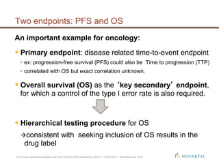 An important example for oncology:
 Primary endpoint: disease related time-to-event endpoint
•  ex: progression-free survival (PFS) could also be Time to progression (TTP)
•  correlated with OS but exact correlation unknown.
 Overall survival (OS) as the key secondary endpoint,
for which a control of the type I error rate is also required.
 Hierarchical testing procedure for OS
consistent with seeking inclusion of OS results in the
drug label
Two endpoints: PFS and OS
13 | Group sequential designs with two time-to-event endpoints| Jehl V| 14-Oct-2011 | Business Use Only
 