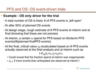  Example : OS only driver for the trial
• A total number of OS is fixed, # of PFS events is „left open“
• IA after 50% of planned OS events
• At design stage, rough estimate of # PFS events at interim and at
final (knowing that these are not precise)
• At interim, a certain α spend for PFS based on #(interim PFS
events)/#(planned finalPFS events)
• At the final, critical value u2 recalculated based on # PFS events
actually observed at the final analysis and at interim such as
1-PH0(t1<u1,t2<u2)=α.
•  Could reveal that the fraction spend at interim was inappropriate
•  u2 ↓ if more events than anticipated are observed at interim !
PFS and OS: OS event-driven trials
15 | Group sequential designs with two time-to-event endpoints| Jehl V| 14-Oct-2011 | Business Use Only
 