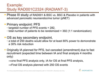 Example:
Study RAD001C2324 (RADIANT-3)
 Phase III study of RAD001 & BSC vs. BSC & Placebo in patients with
advanced pancreatic neuroendocrine tumor (pNET)
 Primary endpoint: PFS
•  targeted number of PFS events = 282,
•  total number of patients to be randomized = 392 (1:1 randomization)
 OS as key secondary endpoint,
•  a total of 250 deaths would allow for at least 80% power to demonstrate
a 30% risk reduction
  Originally IA planned for PFS, but canceled (amendment) due to fast
recruitment (expected time between IA and final analysis 4 months
only)
⇒ one final PFS analysis only, IA for OS at final PFS analysis,
⇒ Final OS analysis planned with 250 OS events
18 | Group sequential designs with two time-to-event endpoints| Jehl V| 14-Oct-2011 | Business Use Only
 