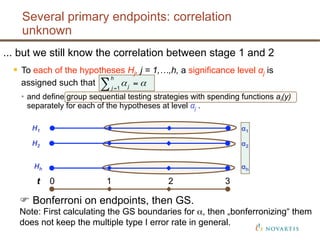 ... but we still know the correlation between stage 1 and 2
  To each of the hypotheses Hj, j = 1,…,h, a significance level αj is
assigned such that
•  and define group sequential testing strategies with spending functions ai(y)
separately for each of the hypotheses at level αj .
1
h
jj
α α=
=∑
t 0 1 2 3
H1
H2
Hh
α1
α2
αh
 Bonferroni on endpoints, then GS.
Note: First calculating the GS boundaries for α, then „bonferronizing“ them
does not keep the multiple type I error rate in general.
Several primary endpoints: correlation
unknown
 
