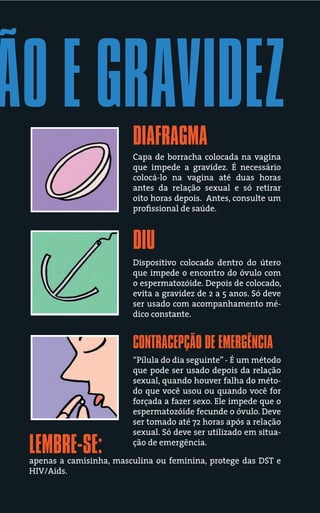 ÃO E GRAVIDEZ            DIAFRAGMA
                         Capa de borracha colocada na vagina
                         que impede a gravidez. É necessário
                         colocá-lo na vagina até duas horas
                         antes da relação sexual e só retirar
                         oito horas depois. Antes, consulte um
                         proﬁssional de saúde.



                         DIU
                         Dispositivo colocado dentro do útero
                         que impede o encontro do óvulo com
                         o espermatozóide. Depois de colocado,
                         evita a gravidez de 2 a 5 anos. Só deve
                         ser usado com acompanhamento mé-
                         dico constante.


                         CONTRACEPÇÃO DE EMERGÊNCIA
                         “Pílula do dia seguinte” - É um método
                         que pode ser usado depois da relação
                         sexual, quando houver falha do méto-
                         do que você usou ou quando você for
                         forçada a fazer sexo. Ele impede que o
                         espermatozóide fecunde o óvulo. Deve
                         ser tomado até 72 horas após a relação
                         sexual. Só deve ser utilizado em situa-

 LEMBRE-SE:              ção de emergência.

 apenas a camisinha, masculina ou feminina, protege das DST e
 HIV/Aids.
 