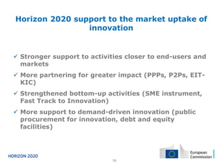 Horizon 2020 support to the market uptake of
innovation

 Stronger support to activities closer to end-users and
markets
 More partnering for greater impact (PPPs, P2Ps, EITKIC)

 Strengthened bottom-up activities (SME instrument,
Fast Track to Innovation)
 More support to demand-driven innovation (public
procurement for innovation, debt and equity
facilities)

18

 