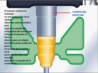 El inyector unitario va instaladoen una perforación de la culata,tiene una camisa metálica paraseparar la unidad delrefrigerante del motor, querefrigera al inyector en formadirecta, para un selladohermético posee anillos de gomaen la parte de la camisa y en laparte inferior lleva una arandelapara sellar la pasada de lacombustión.CUERPO DEL INYECTOR