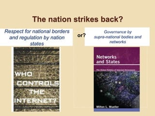 The nation strikes back?
Respect for national borders              Governance by
 and regulation by nation      or?   supra-national bodies and
                                             networks
          states
 