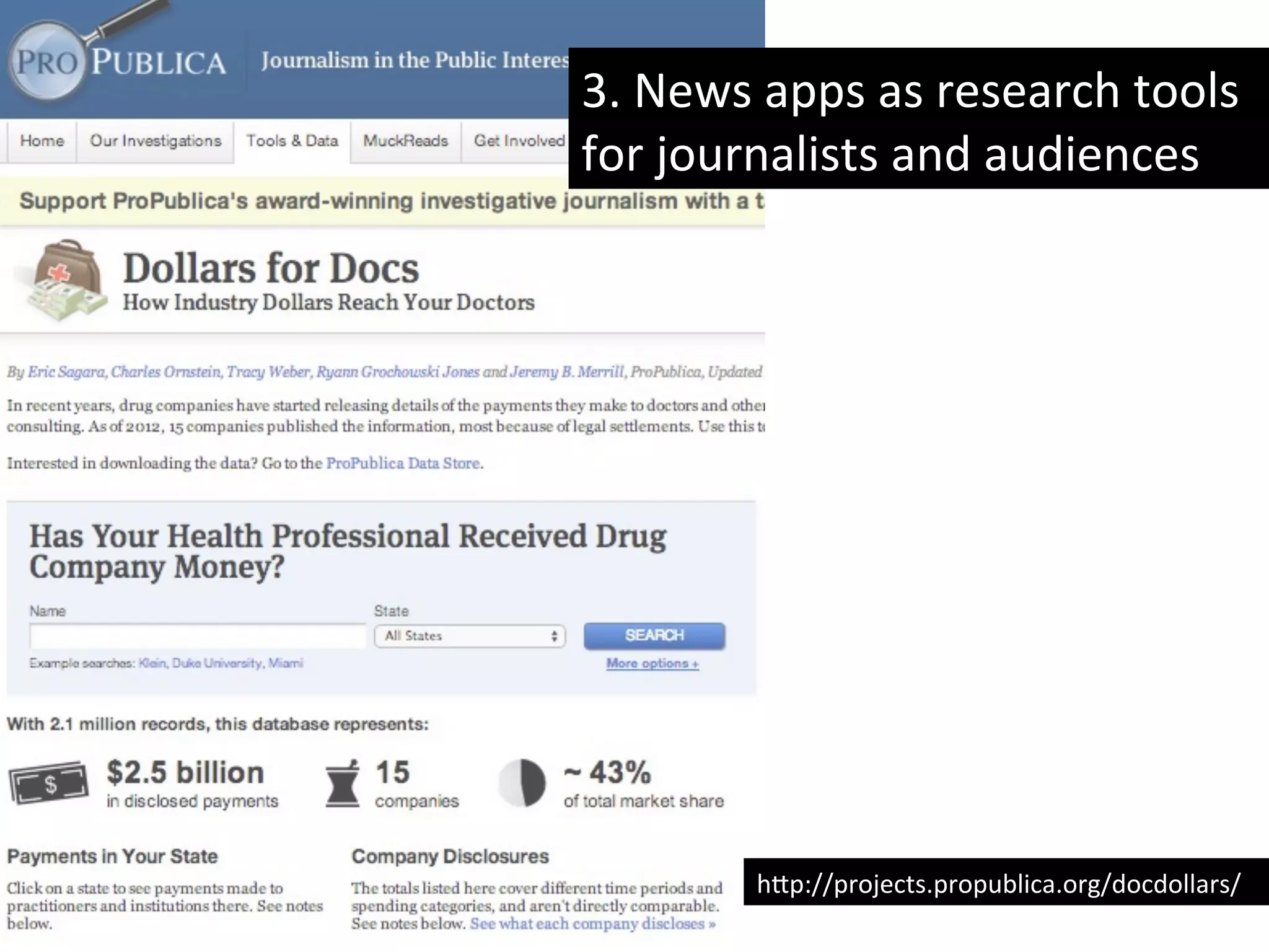 3.	
  News	
  apps	
  as	
  research	
  tools	
  
for	
  journalists	
  and	
  audiences	
  
h8p://projects.propublica.org/docdollars/	
  
 