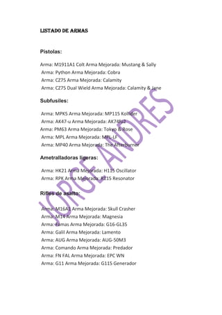 Listado de armas


Pistolas:

Arma: M1911A1 Colt Arma Mejorada: Mustang & Sally
Arma: Python Arma Mejorada: Cobra
Arma: CZ75 Arma Mejorada: Calamity
Arma: CZ75 Dual Wield Arma Mejorada: Calamity & Jane

Subfusiles:

Arma: MPK5 Arma Mejorada: MP115 Kollider
Arma: AK47-u Arma Mejorada: AK74fu2
Arma: PM63 Arma Mejorada: Tokyo & Rose
Arma: MPL Arma Mejorada: MPL-LF
Arma: MP40 Arma Mejorada: The Afterburner

Ametralladoras ligeras:

Arma: HK21 Arma Mejorada: H115 Oscillator
Arma: RPK Arma Mejorada: R115 Resonator

Rifles de asalto:

Arma: M16A1 Arma Mejorada: Skull Crasher
Arma: M14 Arma Mejorada: Magnesia
Arma: Famas Arma Mejorada: G16-GL35
Arma: Galil Arma Mejorada: Lamento
Arma: AUG Arma Mejorada: AUG-50M3
Arma: Comando Arma Mejorada: Predador
Arma: FN FAL Arma Mejorada: EPC WN
Arma: G11 Arma Mejorada: G115 Generador
 