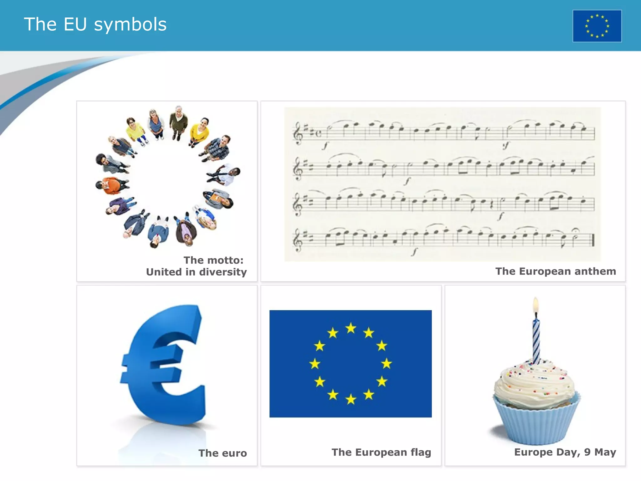 The EU symbols
The European flag
The European anthem
The euro Europe Day, 9 May
The motto:
United in diversity
 