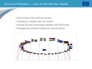 Council of Ministers – voice of the Member States
• One minister from each EU country
• Presidency: rotates every six months
• Decides EU laws and budget together with Parliament
• Manages the common foreign and security policy
 