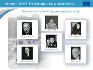 Konrad Adenauer
Robert Schuman
Winston Churchill
Alcide De Gasperi
Jean Monnet
Their contribution to lasting peace and prosperity…
Pioneers – some of the architects of the European project
 