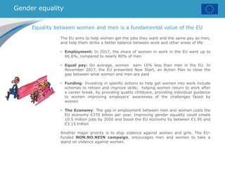 Gender equality
Equality between women and men is a fundamental value of the EU
The EU aims to help women get the jobs they want and the same pay as men,
and help them strike a better balance between work and other areas of life:
• Employment: In 2017, the share of women in work in the EU went up to
66.6%, compared to nearly 80% of men
• Equal pay: On average, women earn 16% less than men in the EU. In
November 2017, the EU presented New Start, an Action Plan to close the
gap between what women and men are paid
• Funding: Investing in specific actions to help get women into work include
schemes to retrain and improve skills; helping women return to work after
a career break, by providing quality childcare, providing individual guidance
to women improving employers’ awareness of the challenges faced by
women
• The Economy: The gap in employment between men and women costs the
EU economy €370 billion per year. Improving gender equality could create
10.5 million jobs by 2050 and boost the EU economy by between €1.95 and
€3.15 trillion
Another major priority is to stop violence against women and girls. The EU-
funded NON.NO.NEIN campaign, encourages men and women to take a
stand on violence against women.
 