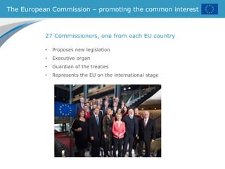 The European Commission – promoting the common interest
27 Commissioners, one from each EU country
• Proposes new legislation
• Executive organ
• Guardian of the treaties
• Represents the EU on the international stage
 
