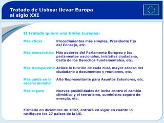 Tratado de Lisboa:  llevar Europa al siglo XXI El Tratado quiere una Unión Europea: Más eficaz   Procedimientos más simples, Presidente fijo del Consejo, etc.  Más democrática   Más poderes del Parlamento Europeo y los parlamentos nacionales, iniciativa ciudadana,  Carta de los Derechos Fundamentales, etc.  Más transparente Aclara la función de cada cual, mayor acceso del ciudadano a documentos y reuniones, etc. Más unida  en la   Alto Representante para Asuntos Exteriores , etc.  escena mundial     Más segura Nuevas posibilidades de lucha contra el cambio  climático y el terrorismo, suministro seguro de  energía, etc. Firmado en diciembre de 2007, entrará en vigor en cuanto lo ratifiquen los 27 países de la UE.  