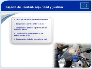 Espacio de libertad, seguridad y justicia



      Carta   de los Derechos Fundamentales

      Cooperación   contra el terrorismo

      Cooperación  policial y judicial de los
     distintos países

      Coordinación de las políticas de
     asilo e inmigración

      Cooperación   judicial en materia civil




                                                  © European Union Police Mission
 