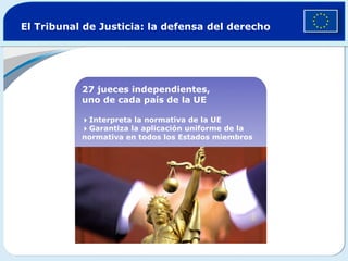 El Tribunal de Justicia: la defensa del derecho




           27 jueces independientes,
           uno de cada país de la UE

            Interpreta la normativa de la UE
            Garantiza la aplicación uniforme de la
           normativa en todos los Estados miembros
 