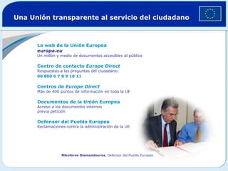 Una Unión transparente al servicio del ciudadano



      La web de la Unión Europea
      europa.eu
      Un millón y medio de documentos accesibles al público

      Centro de contacto Europe Direct
      Respuestas a las preguntas del ciudadano:
      00 800 6 7 8 9 10 11

      Centros de Europe Direct
      Más de 400 puntos de información en toda la UE

      Documentos de la Unión Europea
      Acceso a los documentos internos
      previa petición

      Defensor del Pueblo Europeo
      Reclamaciones contra la administración de la UE




                  Nikoforos Diamandouros, Defensor del Pueblo Europeo
 