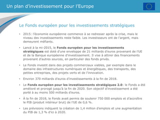 Un plan d’investissement pour l’Europe
Le Fonds européen pour les investissements stratégiques
• 2015: l’économie européenne commence à se redresser après la crise, mais le
niveau des investissements reste faible. Les investisseurs ont de l’argent, mais
demeurent méfiants.
• Lancé à la mi-2015, le Fonds européen pour les investissements
stratégiques est doté d'une enveloppe de 21 milliards d’euros provenant de l’UE
et de la Banque européenne d’investissement. Il vise à attirer des financements
provenant d’autres sources, en particulier des fonds privés.
• Le Fonds investit dans des projets commerciaux viables, par exemple dans le
domaine des infrastructures numériques et énergétiques, des transports, des
petites entreprises, des projets verts et de l’innovation.
• Environ 370 milliards d’euros d’investissements à la fin de 2018.
• Le Fonds européen pour les investissements stratégiques 2.0: le Fonds a été
amélioré et prorogé jusqu’à la fin de 2020. Son objectif d’investissement a été
porté à au moins 500 milliards d’euros.
• À la fin de 2018, le Fonds avait permis de soutenir 750 000 emplois et d’accroître
le PIB (produit intérieur brut) de l’UE de 0,6 %.
• Les prévisions indiquent la création de 1,4 million d’emplois et une augmentation
du PIB de 1,3 % d’ici à 2020.
 