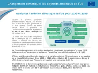 Changement climatique: les objectifs ambitieux de l’UE
Devenir le premier continent
climatiquement neutre au monde
d’ici à 2050 est le plus grand défi et
la plus grande chance de notre
temps. Pour y parvenir, la
Commission européenne a présenté
le pacte vert pour l’Europe en
décembre 2019.
Le pacte vert fait partie intégrante
de la stratégie de la Commission
visant à mettre en œuvre les
objectifs de développement durable
et le programme des Nations unies
à l’horizon 2030.
Renforcer l’ambition climatique de l’UE pour 2030 et 2050
La Commission proposera la première «législation climatique» européenne d’ici mars 2020.
Cela permettra d’ancrer dans la législation l’objectif de neutralité climatique d’ici à 2050.
L’Union a déjà entamé la modernisation et la transformation de l’économie dans la perspective
de la neutralité climatique. Entre 1990 et 2018, elle a réduit de 23 % ses émissions de gaz à
effet de serre, tandis que l’économie enregistrait une croissance de 61 %.
D’ici l’été 2020, la Commission présentera un plan assorti d’une analyse d’impact pour porter
l’objectif de l’UE en matière de réduction des émissions de gaz à effet de serre pour 2030 à au
moins 50 % et tendre vers 55 % par rapport aux niveaux de 1990, et ce de manière
responsable.
 