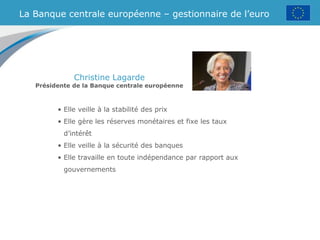 • Elle veille à la stabilité des prix
• Elle gère les réserves monétaires et fixe les taux
d’intérêt
• Elle veille à la sécurité des banques
• Elle travaille en toute indépendance par rapport aux
gouvernements
La Banque centrale européenne – gestionnaire de l’euro
Christine Lagarde
Présidente de la Banque centrale européenne
 