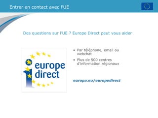 Entrer en contact avec l’UE
Des questions sur l’UE ? Europe Direct peut vous aider
• Par téléphone, email ou
webchat
• Plus de 500 centres
d’information régionaux
europa.eu/europedirect
 