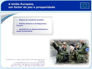 A União Europeia, um factor de paz e prosperidade  Regras do comércio mundial   Política Externa e de Segurança Comum  Assistência ao desenvolvimento e ajuda humanitária A UE leva a cabo operações de manutenção da paz   e contribui para a reconstrução da sociedade em países destruídos pela guerra, como a Bósnia e Herzegovina.   
