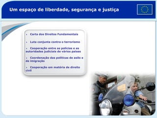Um espaço de liberdade, segurança e justiça  Carta dos Direitos Fundamentais  Luta conjunta contra o terrorismo   Cooperação entre as polícias e as autoridades judiciais de vários países  Coordenação das políticas de asilo e de imigração  Cooperação em matéria de direito civil  © European Union Police Mission  