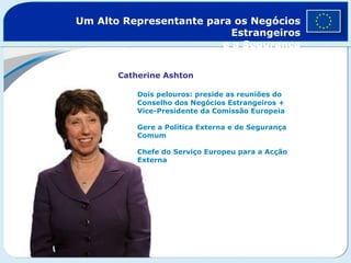 Um Alto Representante para os Negócios Estrangeiros e a Segurança Catherine Ashton Dois pelouros: preside as reuniões do  Conselho dos Negócios Estrangeiros +  Vice-Presidente da Comissão Europeia Gere a Política Externa e de Segurança  Comum Chefe do Serviço Europeu para a Acção  Externa 