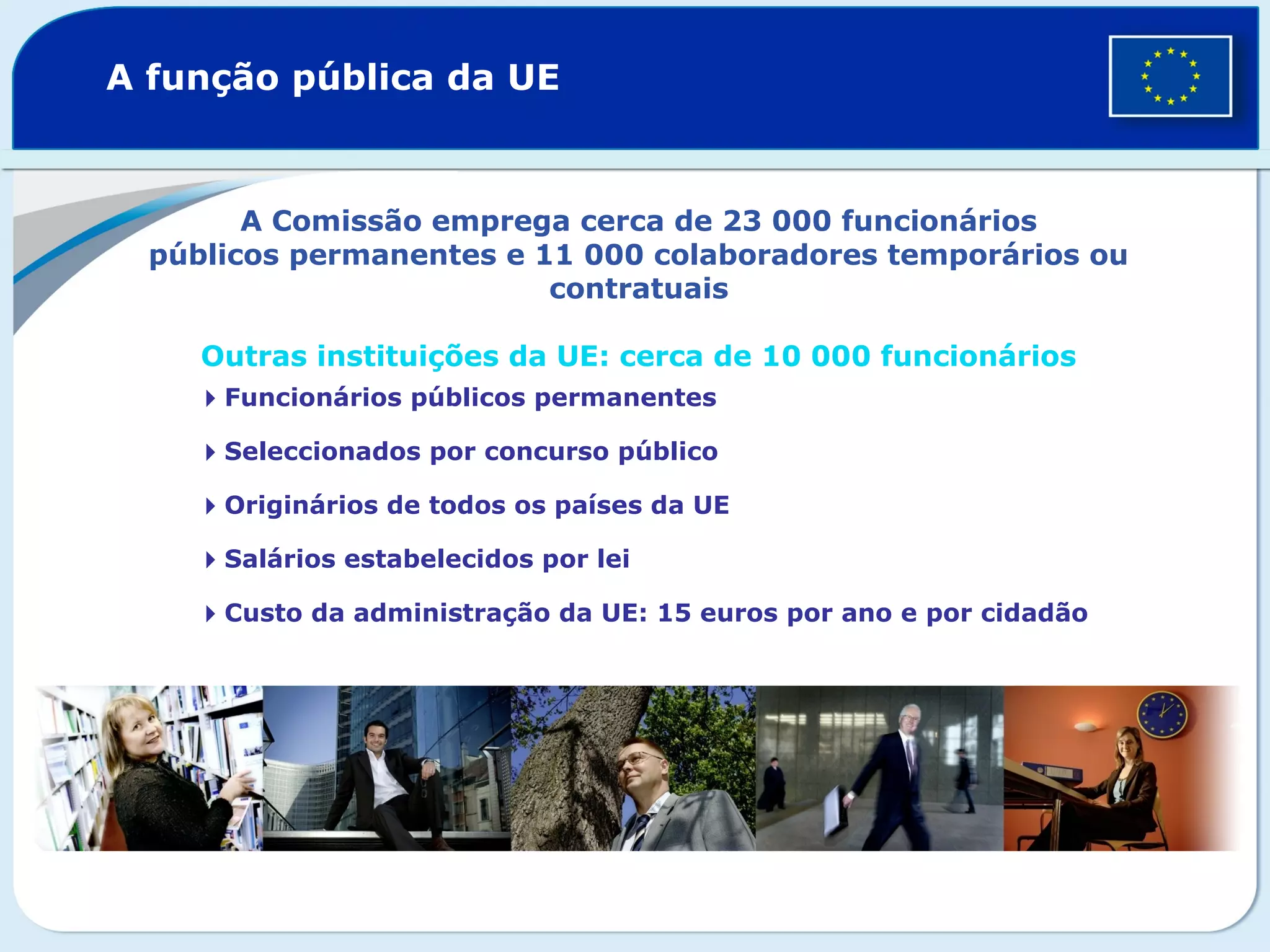 A função pública da UE
A Comissão emprega cerca de 23 000 funcionários
públicos permanentes e 11 000 colaboradores temporários ou
contratuais
Outras instituições da UE: cerca de 10 000 funcionários
Funcionários públicos permanentes
Seleccionados por concurso público
Originários de todos os países da UE
Salários estabelecidos por lei
Custo da administração da UE: 15 euros por ano e por cidadão
 