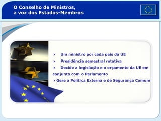 O Conselho de Ministros,
a voz dos Estados-Membros
Um ministro por cada país da UE
Presidência semestral rotativa
Decide a legislação e o orçamento da UE em
conjunto com o Parlamento
Gere a Política Externa e de Segurança Comum
 