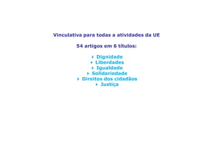 Carta dos Direitos Fundamentais da União Europeia
Vinculativa para todas a atividades da UE
54 artigos em 6 títulos:
4 Dignidade
4 Liberdades
4 Igualdade
4 Solidariedade
4 Direitos dos cidadãos
4 Justiça
 
