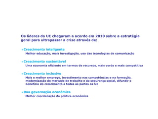Europa 2020 – Estratégia de crescimento da
Europa
Os líderes da UE chegaram a acordo em 2010 sobre a estratégia
geral para ultrapassar a crise através de:
4Crescimento inteligente
Melhor educação, mais investigação, uso das tecnologias de comunicação
4Crescimento sustentável
Uma economia eficiente em termos de recursos, mais verde e mais competitiva
4Crescimento inclusivo
Mais e melhor emprego, investimento nas competências e na formação,
modernização do mercado de trabalho e da segurança social, difundir o
benefício do crescimento a todas as partes da UE
4Boa governação económica
Melhor coordenação da política económica
 