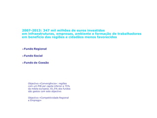 A solidariedade em acção:
a política de coesão da UE
2007-2013: 347 mil milhões de euros investidos
em infraestruturas, empresas, ambiente e formação de trabalhadores
em benefício das regiões e cidadãos menos favorecidos
4Fundo Regional
4Fundo Social
4Fundo de Coesão
Objectivo «Convergência»: regiões
com um PIB per capita inferior a 75%
da média europeia; 81,5% dos fundos
são gastos com este objectivo
Objectivo «Competitividade Regional
e Emprego»
 