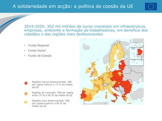 A solidariedade em acção: a política de coesão da UE
• Fundo Regional
• Fundo Social
• Fundo de Coesão
Regiões menos desenvolvidas: PIB
per capita inferior a 75 % da média
da UE
Regiões de transição: PIB per capita
entre 75 % e 90 % da média da UE
Regiões mais desenvolvidas: PIB
per capita superior a 90 % da
média da UE
2014-2020: 352 mil milhões de euros investidos em infraestrutura,
empresas, ambiente e formação de trabalhadores, em benefício dos
cidadãos e das regiões mais desfavorecidos
 