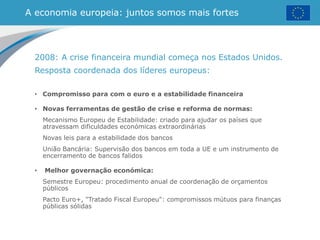 A economia europeia: juntos somos mais fortes
2008: A crise financeira mundial começa nos Estados Unidos.
Resposta coordenada dos líderes europeus:
• Compromisso para com o euro e a estabilidade financeira
• Novas ferramentas de gestão de crise e reforma de normas:
Mecanismo Europeu de Estabilidade: criado para ajudar os países que
atravessam dificuldades económicas extraordinárias
Novas leis para a estabilidade dos bancos
União Bancária: Supervisão dos bancos em toda a UE e um instrumento de
encerramento de bancos falidos
• Melhor governação económica:
Semestre Europeu: procedimento anual de coordenação de orçamentos
públicos
Pacto Euro+, "Tratado Fiscal Europeu": compromissos mútuos para finanças
públicas sólidas
 