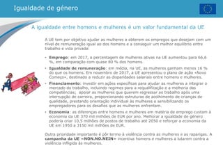 Igualdade de género
A igualdade entre homens e mulheres é um valor fundamental da UE
A UE tem por objetivo ajudar as mulheres a obterem os empregos que desejam com um
nível de remuneração igual ao dos homens e a conseguir um melhor equilíbrio entre
trabalho e vida privada:
• Emprego: em 2017, a percentagem de mulheres ativas na UE aumentou para 66,6
%, em comparação com quase 80 % dos homens.
• Igualdade de remuneração: em média, na UE, as mulheres ganham menos 16 %
do que os homens. Em novembro de 2017, a UE apresentou o plano de ação «Novo
Começo», destinado a reduzir as disparidades salariais entre homens e mulheres.
• Financiamento: investir em ações específicas para ajudar as mulheres a integrar o
mercado do trabalho, incluindo regimes para a requalificação e a melhoria das
competências; apoiar as mulheres que querem regressar ao trabalho após uma
interrupção de carreira, proporcionando estruturas de acolhimento de crianças de
qualidade, prestando orientação individual às mulheres e sensibilizando os
empregadores para os desafios que as mulheres enfrentam.
• Economia: as diferenças entre homens e mulheres em matéria de emprego custam à
economia da UE 370 mil milhões de EUR por ano. Melhorar a igualdade de género
poderia criar 10,5 milhões de postos de trabalho até 2050 e reforçar a economia da
UE em 1950 a 3150 mil milhões de EUR.
Outra prioridade importante é pôr termo à violência contra as mulheres e as raparigas. A
campanha da UE «NON.NO.NEIN» incentiva homens e mulheres a lutarem contra a
violência infligida às mulheres.
 