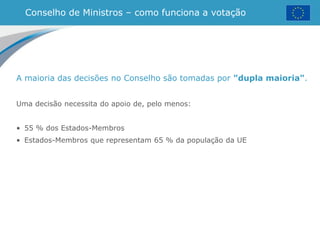 Conselho de Ministros – como funciona a votação
A maioria das decisões no Conselho são tomadas por "dupla maioria".
Uma decisão necessita do apoio de, pelo menos:
• 55 % dos Estados-Membros
• Estados-Membros que representam 65 % da população da UE
 