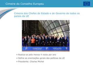 Cimeira do Conselho Europeu
• Realiza-se pelo menos 4 vezes por ano
• Define as orientações gerais das políticas da UE
• Presidente: Charles Michel
Cimeira dos Chefes de Estado e de Governo de todos os
países da UE
 