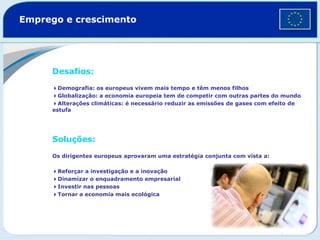 Emprego e crescimento
Desafios:
4Demografia: os europeus vivem mais tempo e têm menos filhos
4Globalização: a economia europeia tem de competir com outras partes do mundo
4Alterações climáticas: é necessário reduzir as emissões de gases com efeito de
estufa
Soluções:
Os dirigentes europeus aprovaram uma estratégia conjunta com vista a:
4Reforçar a investigação e a inovação
4Dinamizar o enquadramento empresarial
4Investir nas pessoas
4Tornar a economia mais ecológica
 
