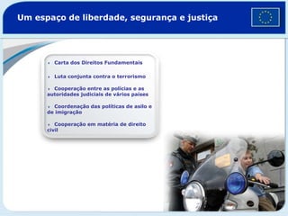 Um espaço de liberdade, segurança e justiça
4 Carta dos Direitos Fundamentais
4 Luta conjunta contra o terrorismo
4 Cooperação entre as polícias e as
autoridades judiciais de vários países
4 Coordenação das políticas de asilo e
de imigração
4 Cooperação em matéria de direito
civil
©
European
Union
Police
Mission
 