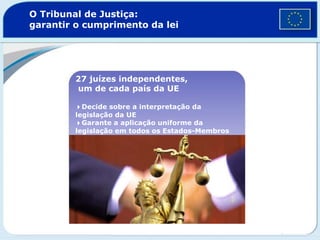 O Tribunal de Justiça:
garantir o cumprimento da lei
27 juízes independentes,
um de cada país da UE
4Decide sobre a interpretação da
legislação da UE
4Garante a aplicação uniforme da
legislação em todos os Estados-Membros
 