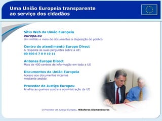 Uma União Europeia transparente
ao serviço dos cidadãos
Sítio Web da União Europeia
europa.eu
Um milhão e meio de documentos à disposição do público
Centro de atendimento Europe Direct
A resposta às suas perguntas sobre a UE:
00 800 6 7 8 9 10 11
Antenas Europe Direct
Mais de 400 centros de informação em toda a UE
Documentos da União Europeia
Acesso aos documentos internos
mediante pedido
Provedor de Justiça Europeu
Analisa as queixas contra a administração da UE
O Provedor de Justiça Europeu, Nikoforos Diamandouros
 