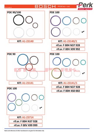Name and references of other manufacturers are given for information only
bosch PDE90/100suitable
KIT: A1-23714
rif.or. F 00H N37 928
PDE 100
rif.or. F 00V X99 999
PDE 100
KIT: A1-23141/1
rif.or. F 00H N37 928
rif.or. F 00H 4S0 002
PDE 90/100
KIT: A1-23140
PDE 90
KIT: A1-23141
PDE 100
KIT: A1-23140/1
rif.or. F 00H N37 928
rif.or. F 00V X99 992
 